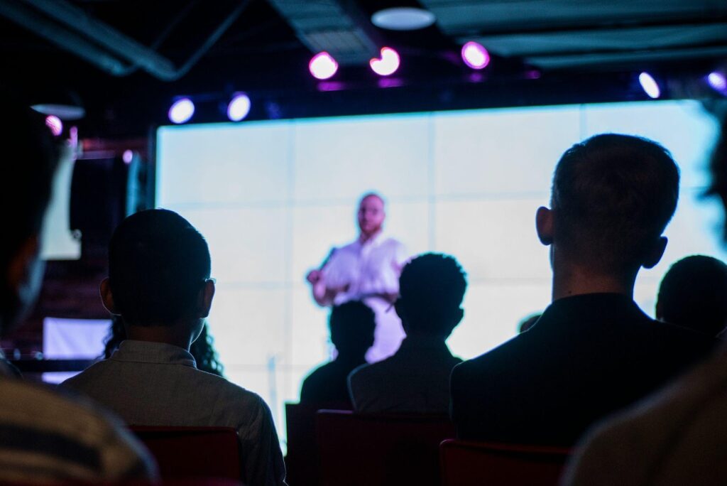 Futurist keynote speaker with an audience.