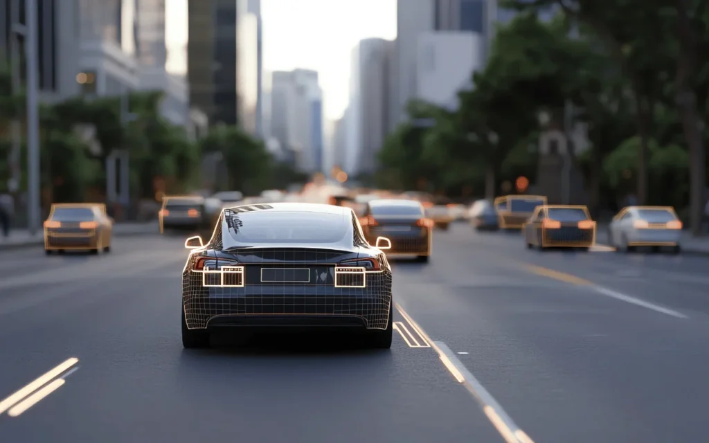 Self-driving car navigating a smart city street with AI traffic sensing