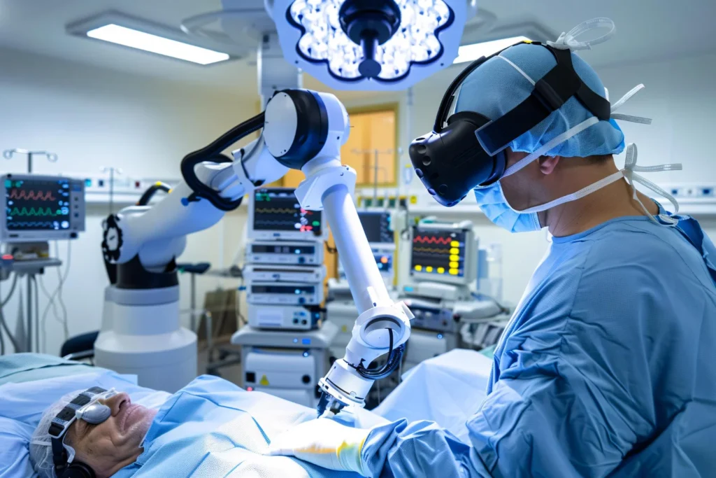 Surgeon using a robotic arm and VR headset during an AI-assisted operation