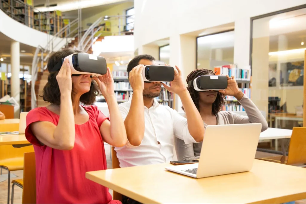Young adults wearing virtual reality headsets indoors, reflecting Gen Z engagement with immersive technology and digital experiences linked to shopping and entertainment
