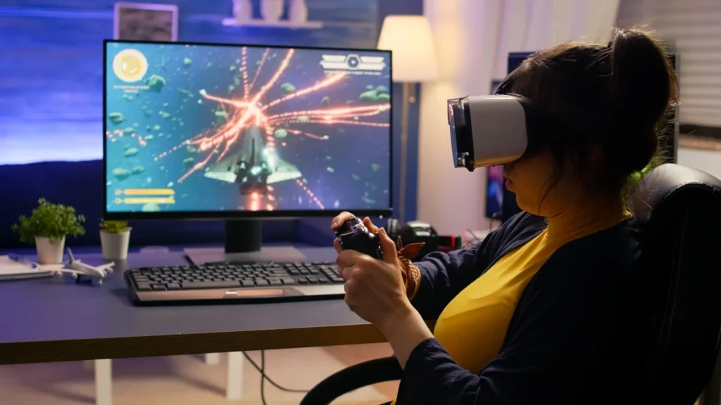 Professional gamer wearing virtual reality headset