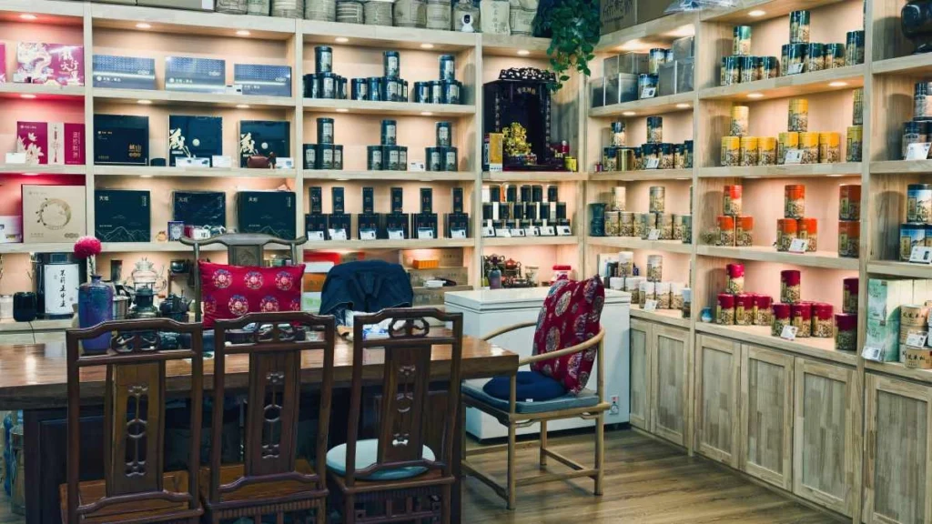 Shelves in a boutique filled with neatly arranged lifestyle and beauty products