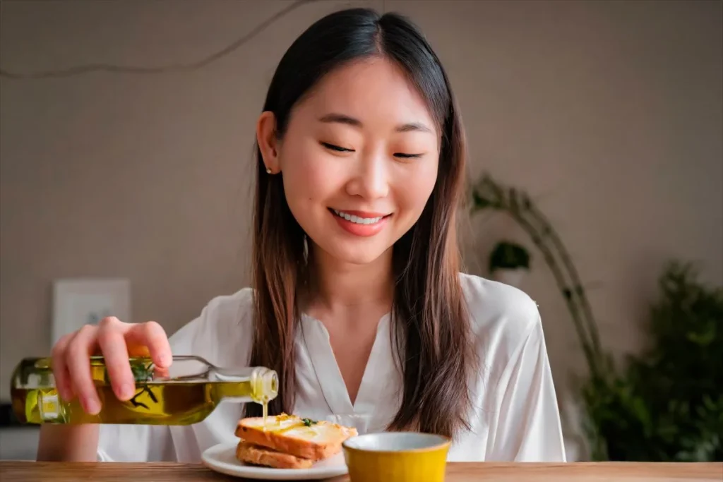 Young woman pouring oil onto toast during a healthy meal at home