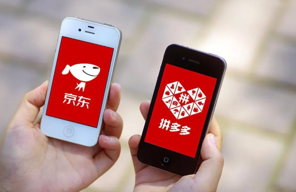 Two smartphones displaying JD.com and Pinduoduo app logos in a side-by-side ecommerce comparison image