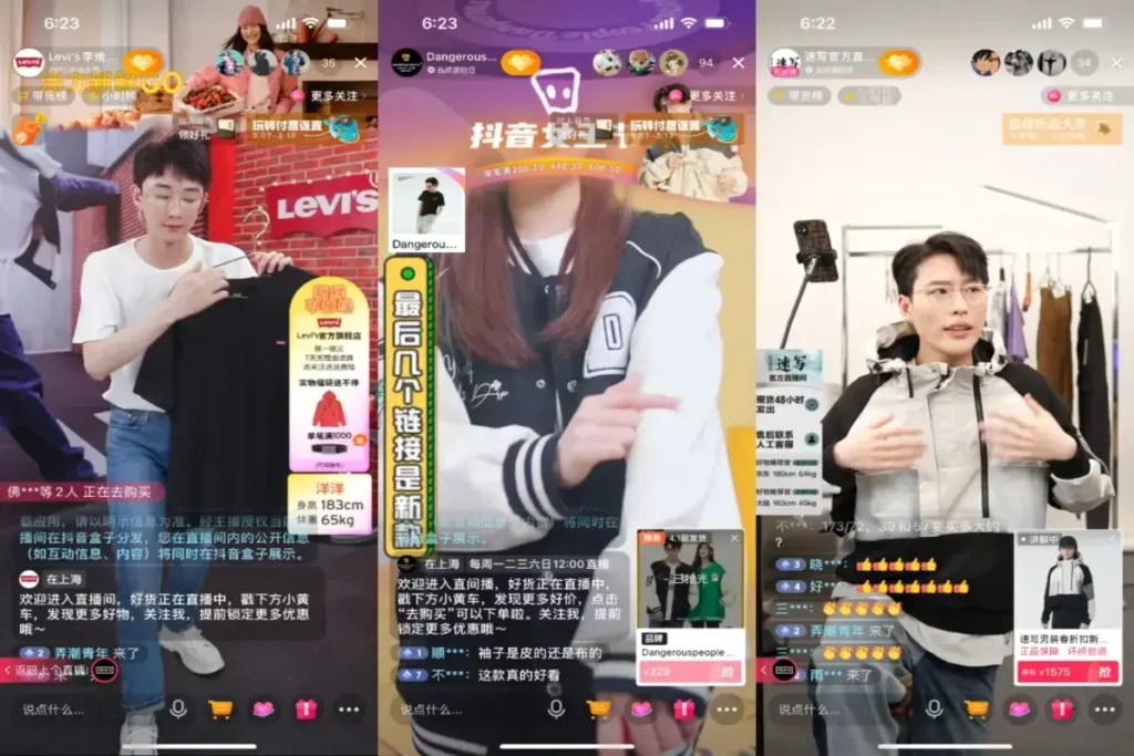 Livestream selling products on Douyin with chat and buy buttons