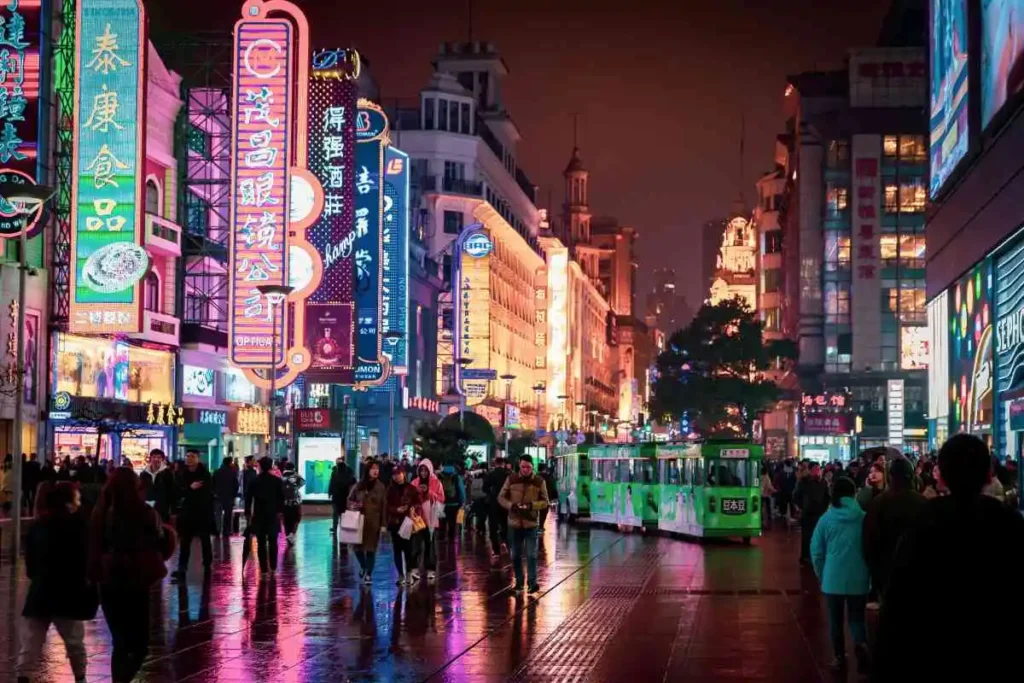 Busy neon-lit shopping street in China at night with pedestrians