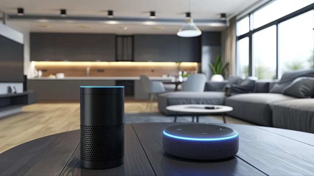 Smart speaker and voice assistant devices in a modern living room, showing AI integrated into daily life in China.