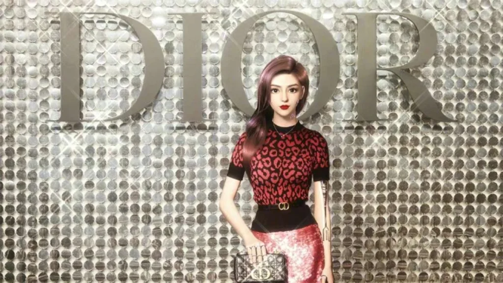 Virtual fashion ambassador in front of a luxury retail display, showing how virtual KOLs support AI-driven commerce in China.