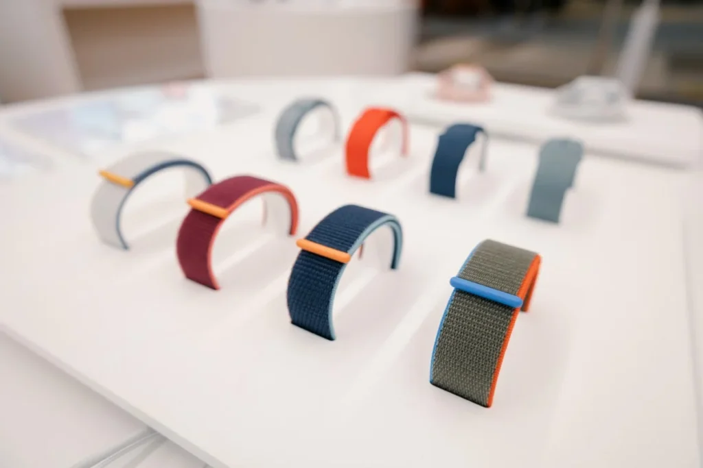 Display of colorful wearable watch bands on a retail table