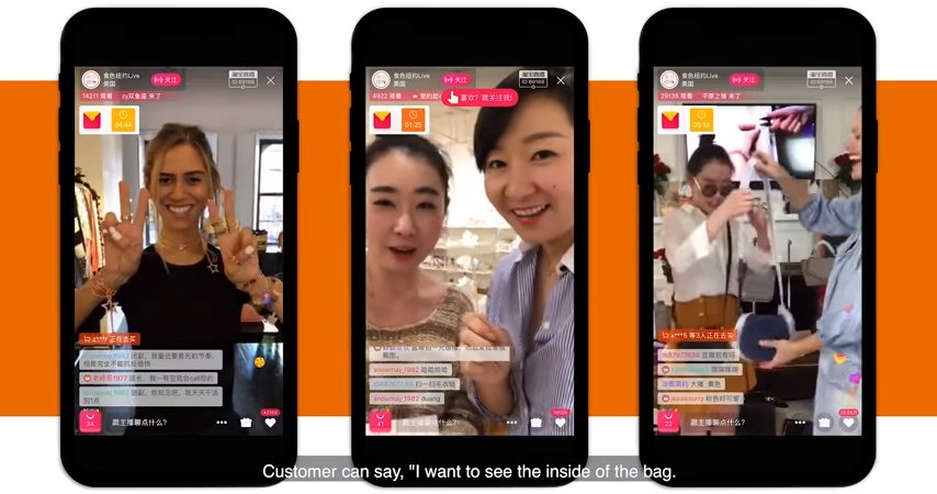 mobile livestream shopping interface showing influencers selling products with real-time viewer comments and interactions
