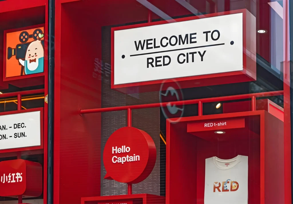 what is rednote: RedNote Xiaohongshu branded retail display with red-themed storefront and product showcase in China