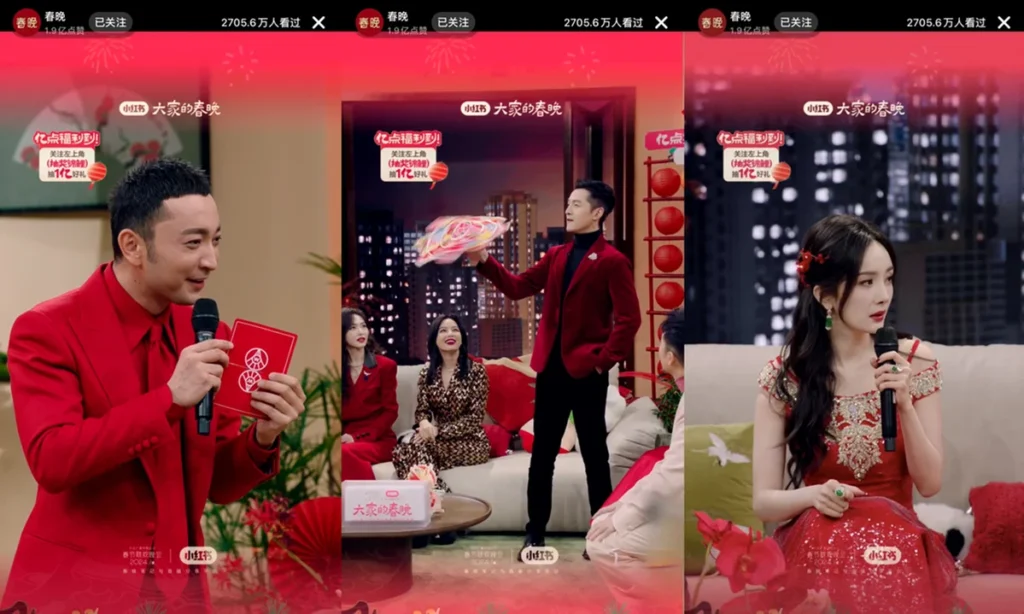 RedNote livestream show with hosts presenting products in a studio during Chinese social commerce broadcast
