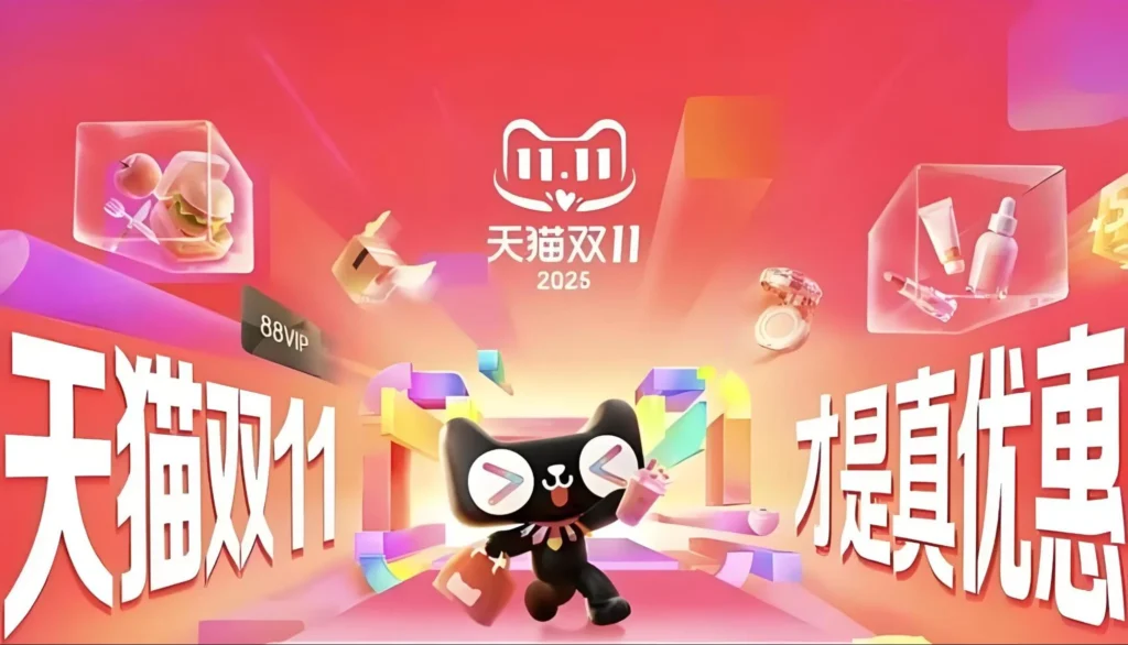 Tmall Double 11 shopping festival campaign visual highlighting large-scale ecommerce promotions and brand sales events
