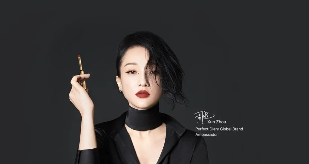 Xun Zhou promoting Perfect Diary lipstick showcasing Chinese beauty brand guochao marketing
