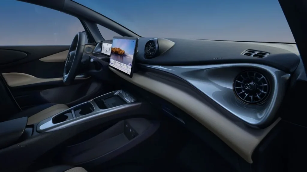 A Chinese electric vehicle cabin showing connected mobility and smart automotive design.
