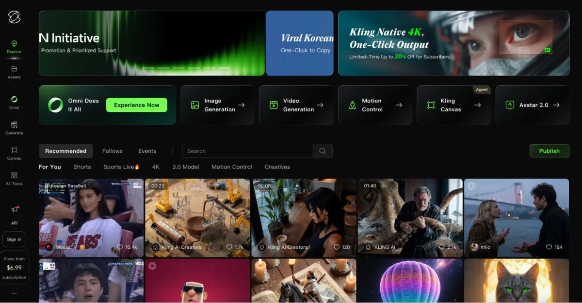 Chinese video AI platform dashboard showing video generation tools, creator workflows, and recommended AI video examples.