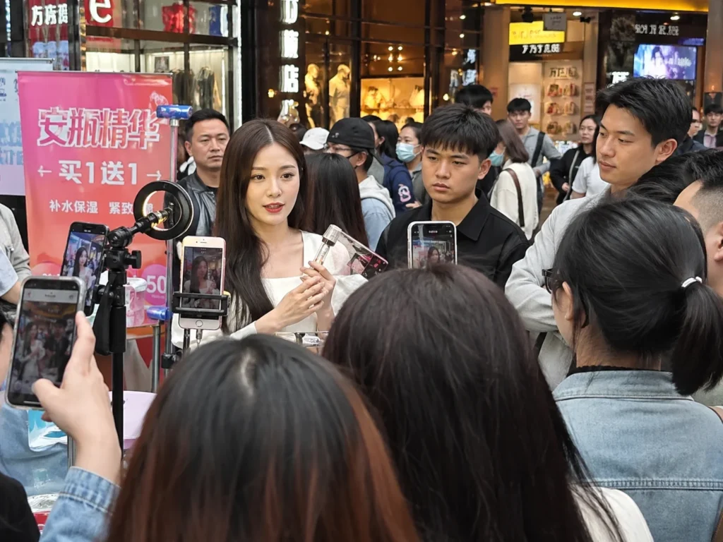 KOL livestream selling beauty products in China with crowd watching and recording on smartphones