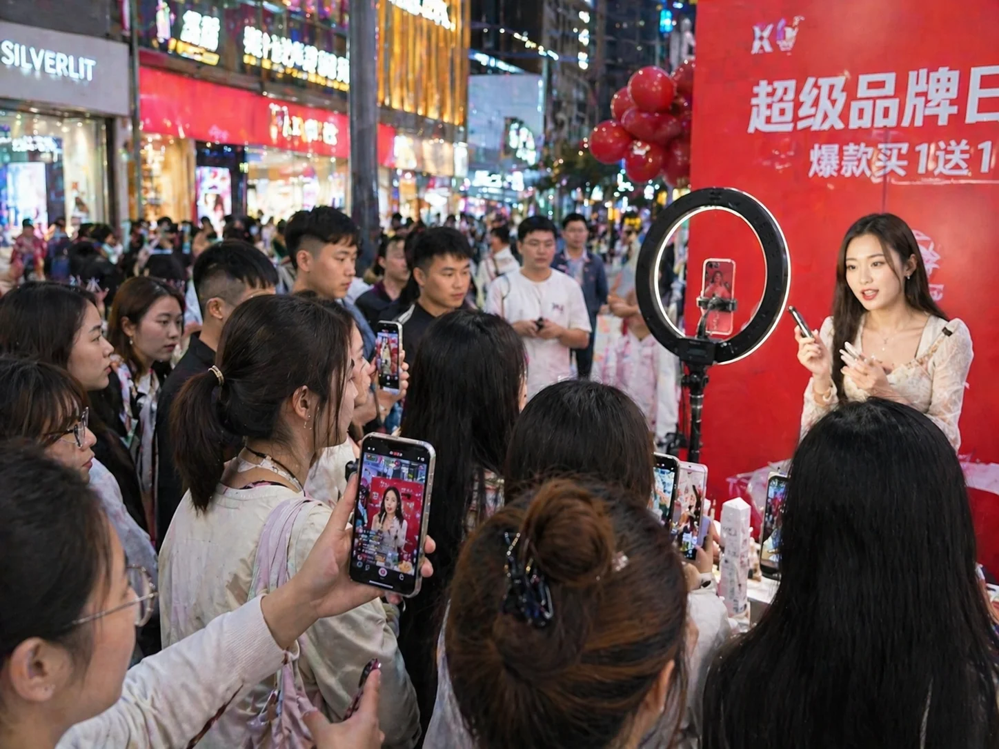 Chinese influencer livestreaming product demo outdoors with audience engagement and mobile viewers