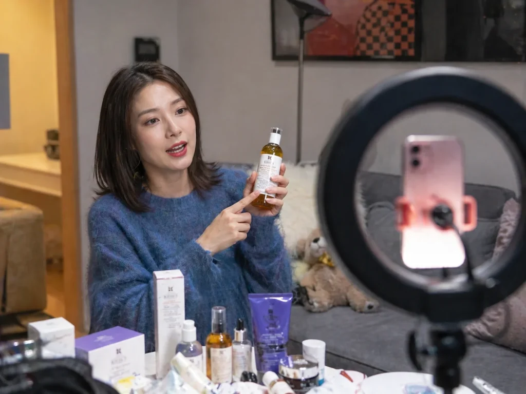 KOC influencer reviewing skincare product on livestream with ring light setup in home environment
