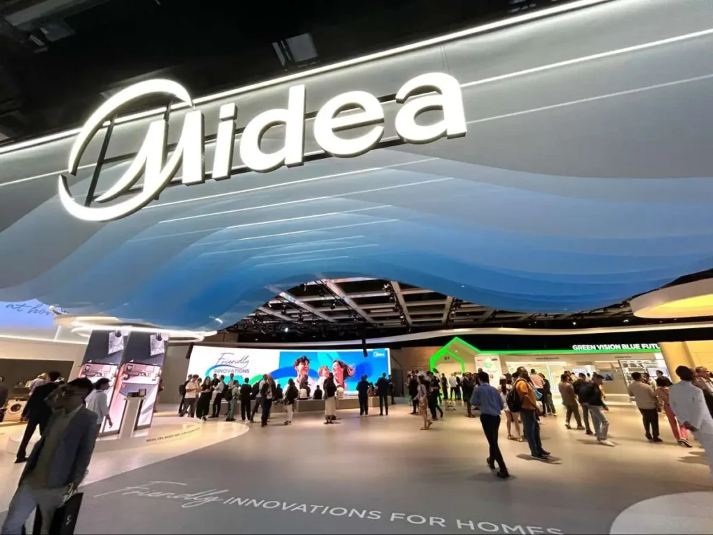Midea Company exhibition booth showcasing home technology and appliance innovation in China.