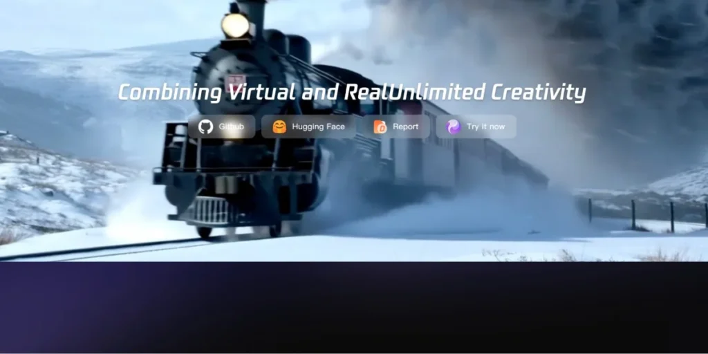 Open source video generation model page showing a train demo and links to GitHub and Hugging Face.