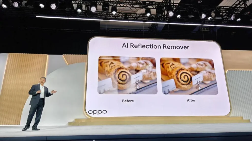 Oppo demonstrates an AI reflection remover feature for smartphone photography.