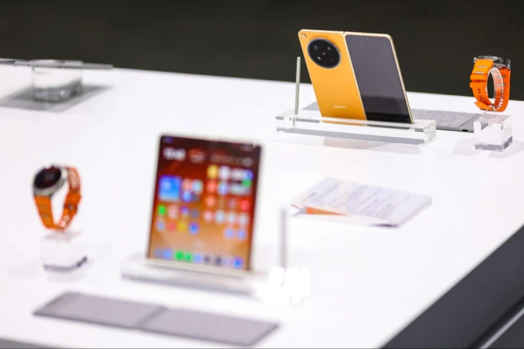 Oppo devices displayed at a product showcase in China’s smartphone market.