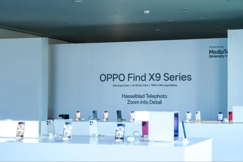 Oppo Find series smartphones displayed during a premium flagship showcase.