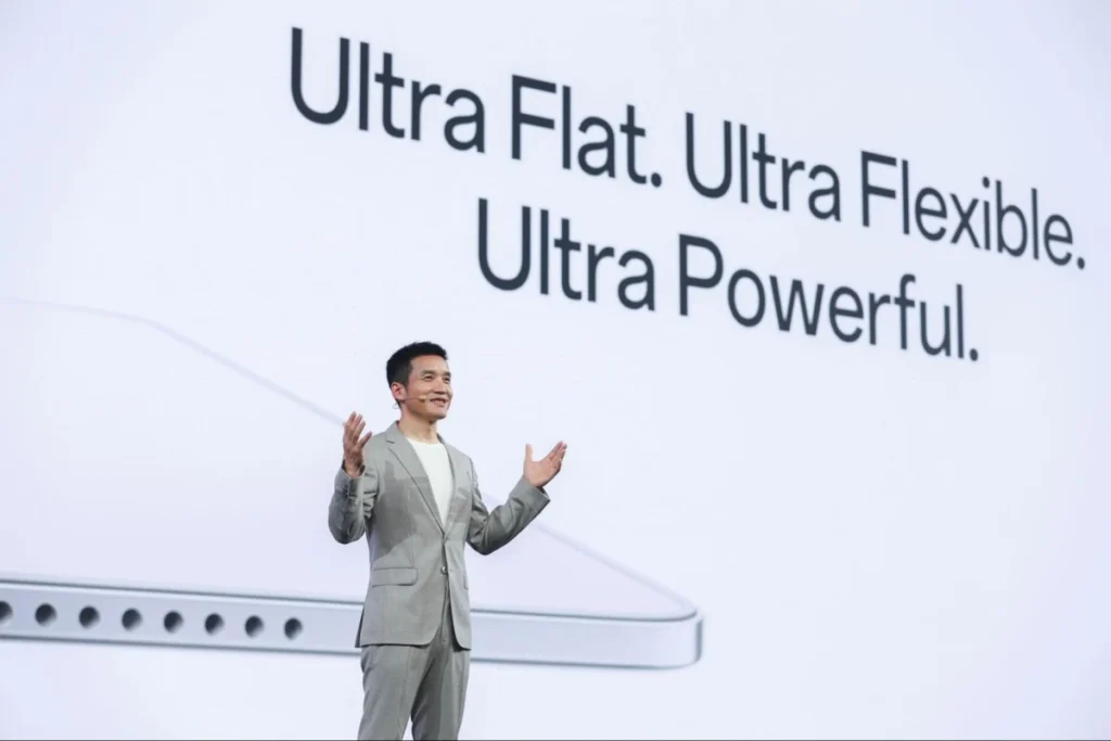Oppo presenter introduces an ultra-flat foldable smartphone at a product launch.