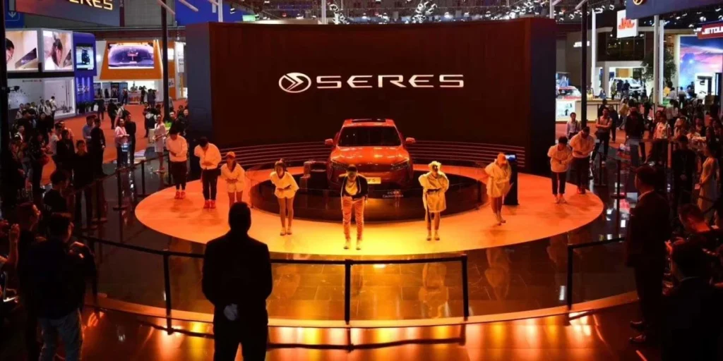 Seres showcases an electric vehicle at an auto show as part of Huawei’s HIMA model.