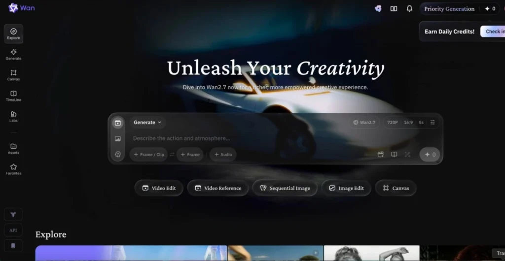 Wan video generation interface showing prompt controls, video reference options, and creative production tools.
