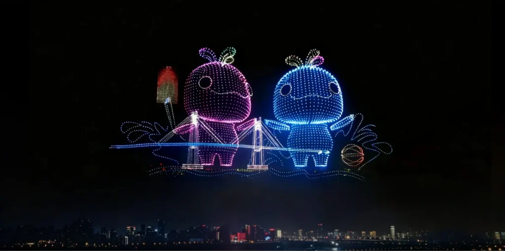 Drone light show forming two colorful cartoon characters above a city