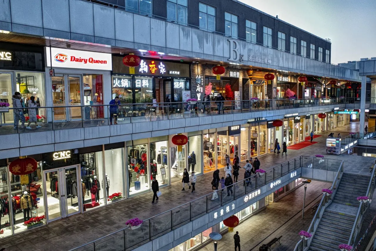 Outdoor Chinese shopping mall with restaurants and retail stores