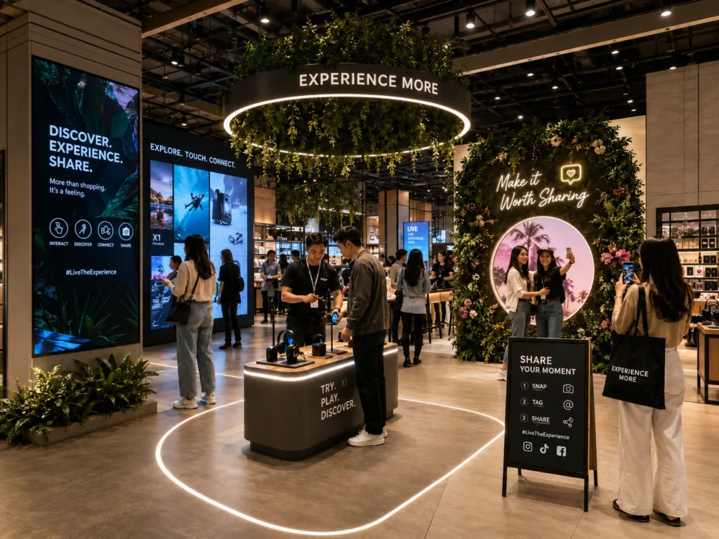 Interactive retail space with digital screens and social sharing zone