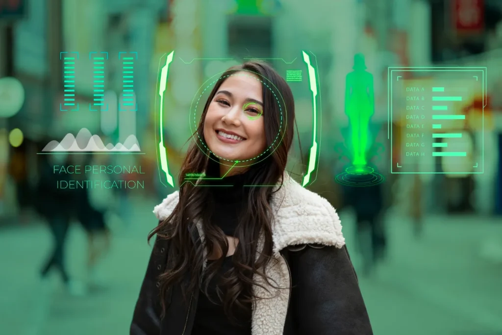 Woman shown with digital facial identification graphics