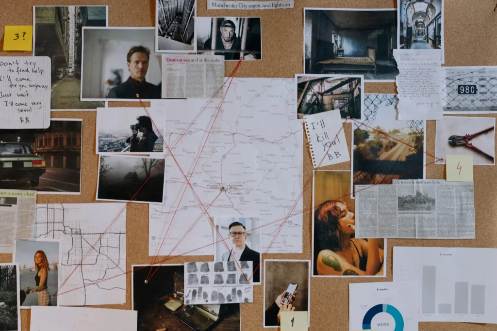 Investigation board with photos, notes, maps, and red string connections