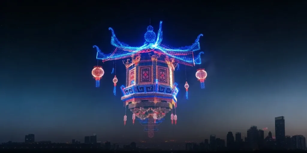 Drone light show forming two colorful cartoon characters above a city.