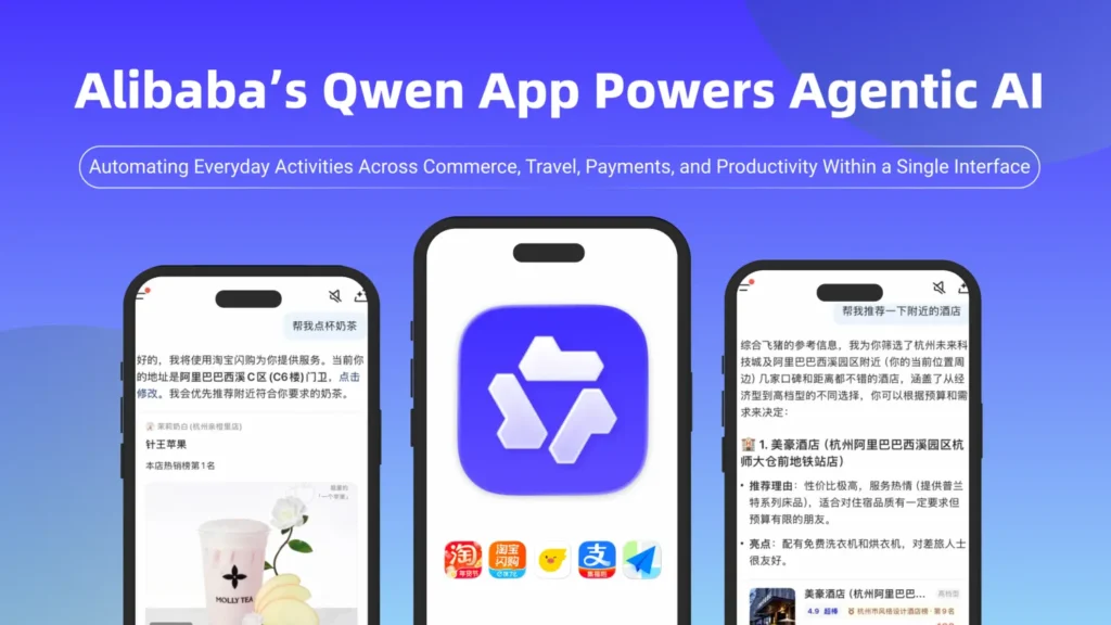 Alibaba Qwen app graphic showing AI actions across shopping and travel