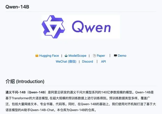 Qwen-14B model page with logo, links, and Chinese introduction text