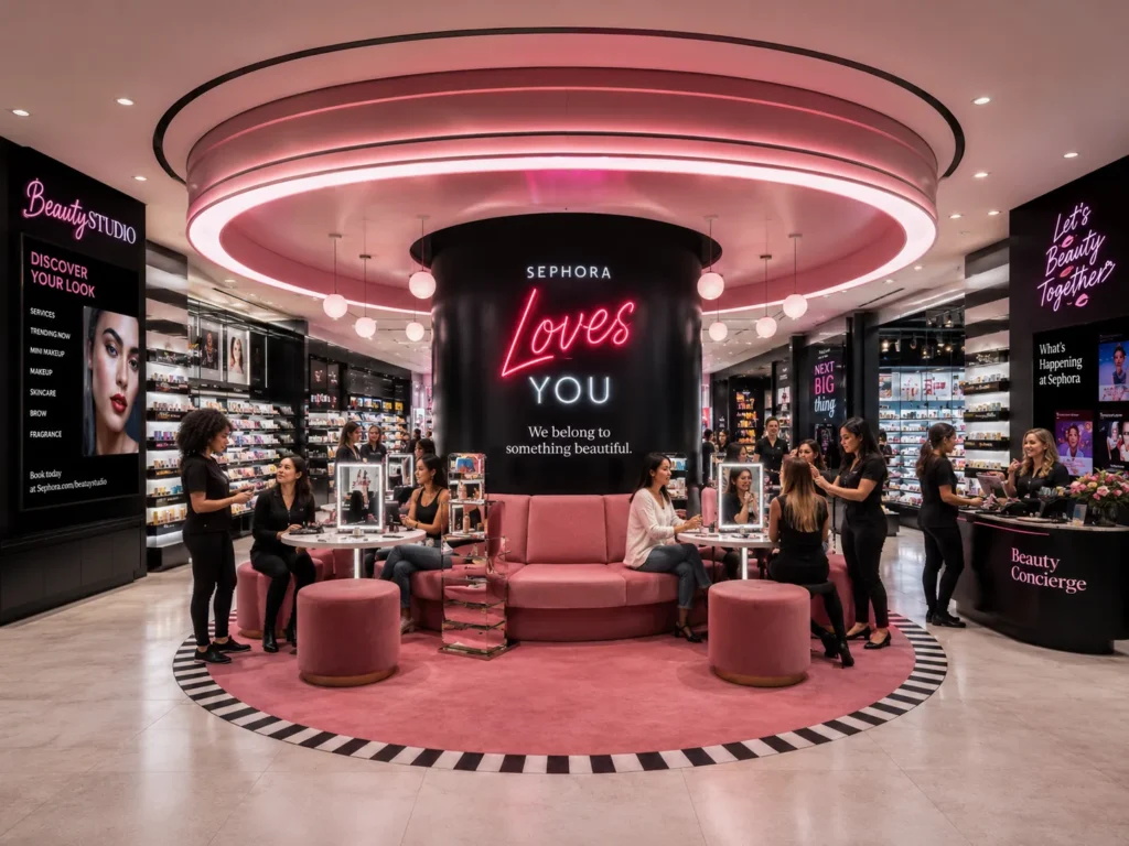 Sephora beauty experience area with customers and makeup services.