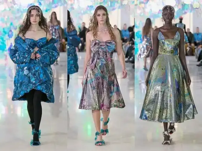Models wearing colorful designer dresses on runway