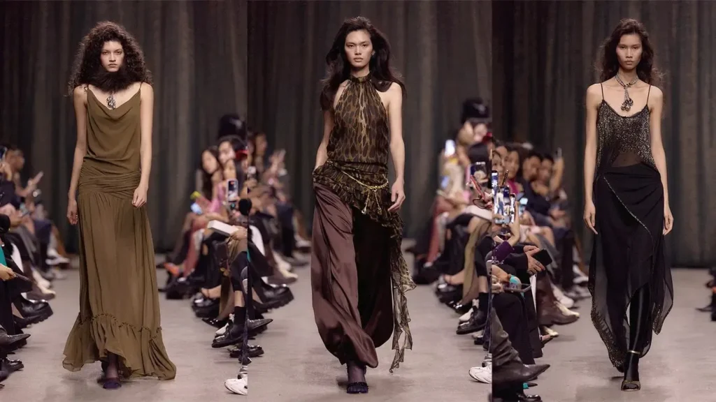 Models wearing elegant runway dresses