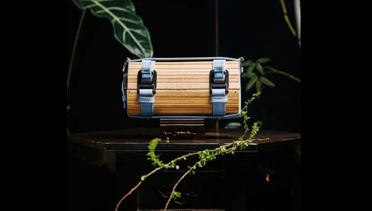 Feng Chen Wang bamboo bag displayed on a dark table