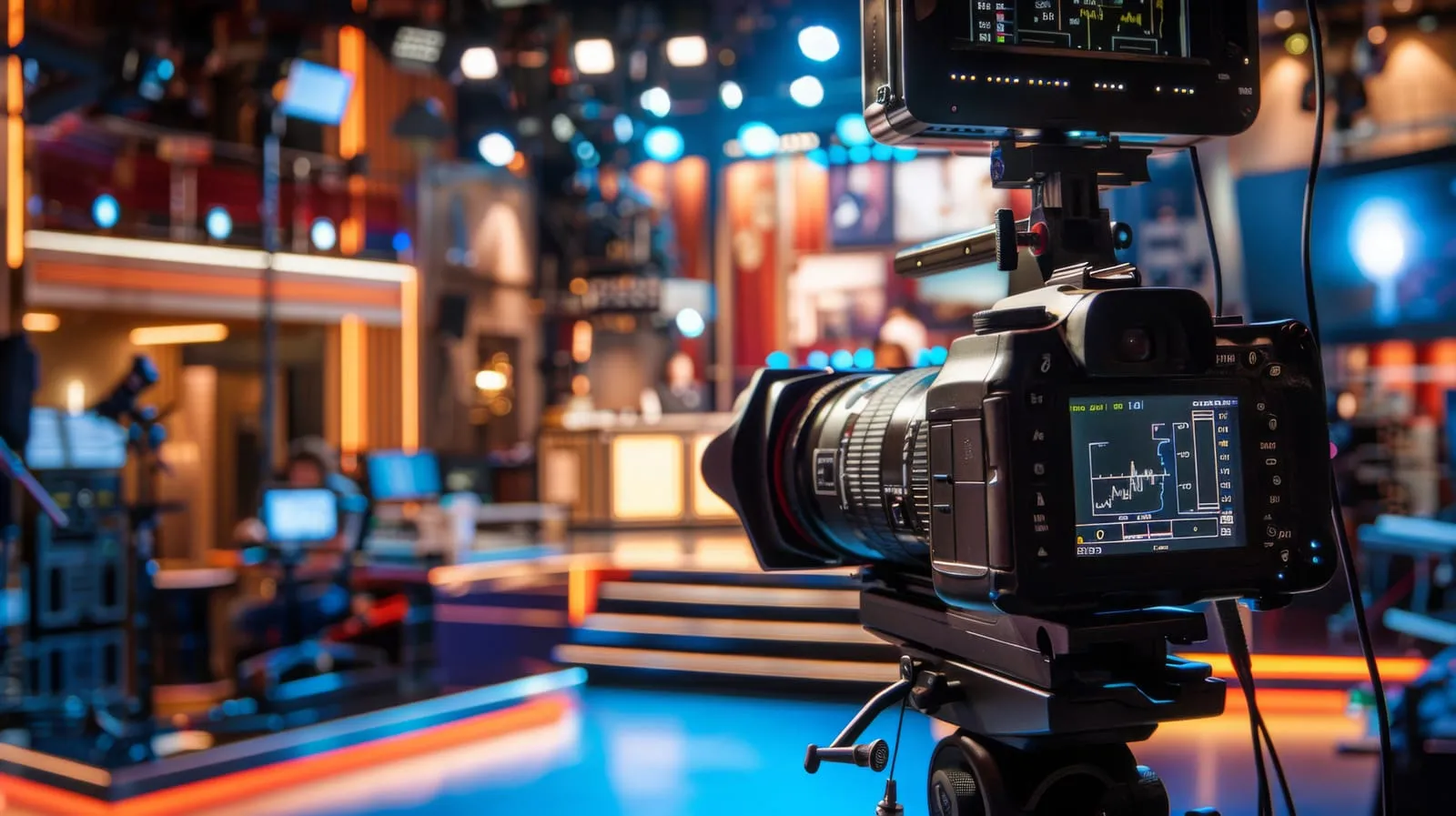 Professional camera filming inside a modern TV studio