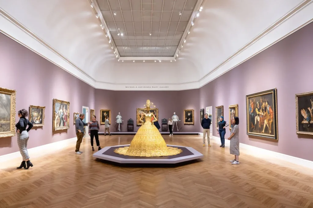 Golden couture gown displayed in a museum hall