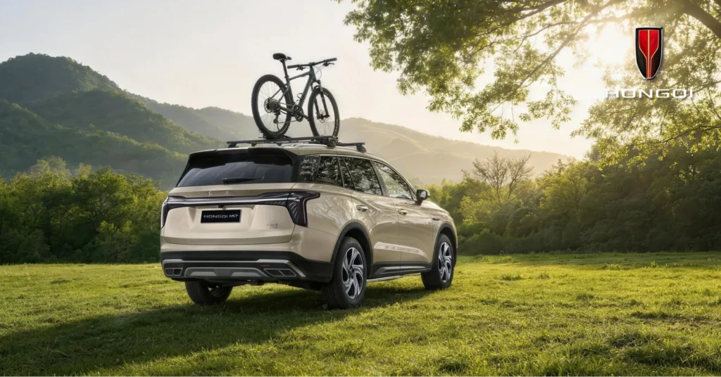 Hongqi HS7 SUV with bicycle on roof in nature