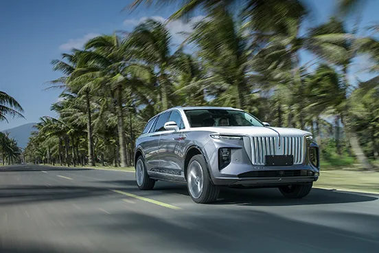 Silver Hongqi SUV driving on a palm-lined road