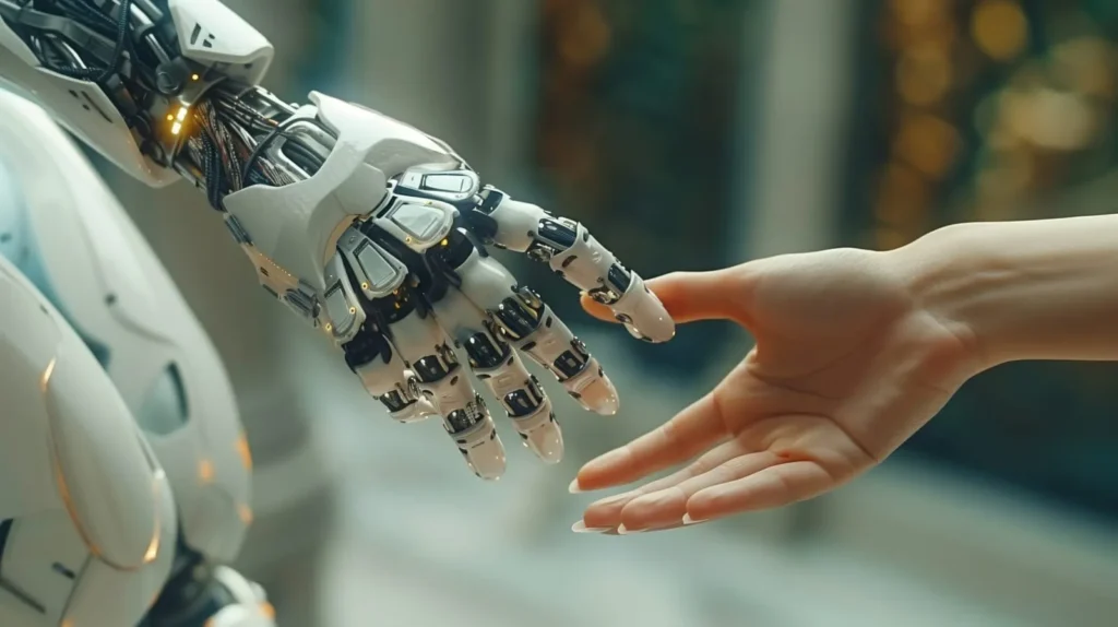 Robotic hand reaching toward a human hand