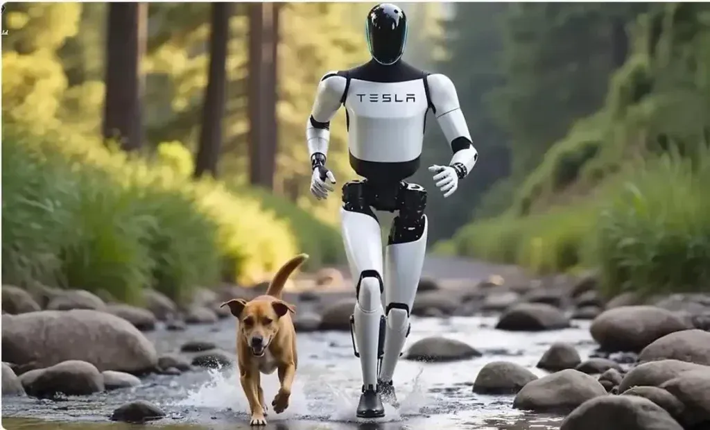 Humanoid robot walking beside a dog on a forest path