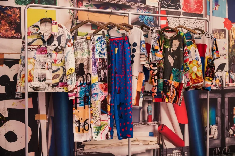 Colorful JNBY outfits hanging on a clothing rack